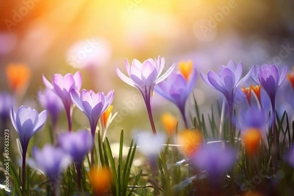 Fototapeta selective focus of crocuses between leaves made with AI