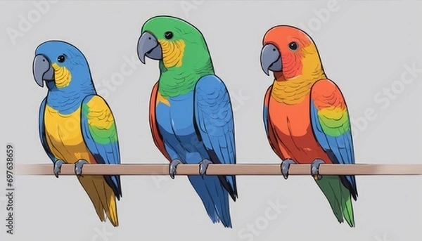 Fototapeta Three colorful birds sitting on a pole
