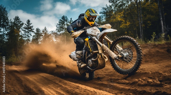 Obraz Sports banner background photo of an active motocross bike rider riding and taking a jump with his motor bike on an outdoor track with dust  