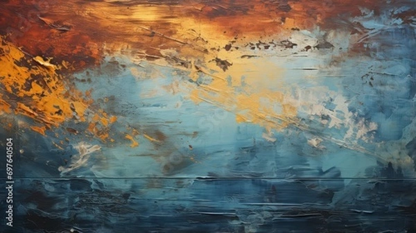 Fototapeta A dynamic blend of blue and orange acrylic paints create a striking modern abstract piece that captivates the eye with its vibrant colors and bold brushstrokes