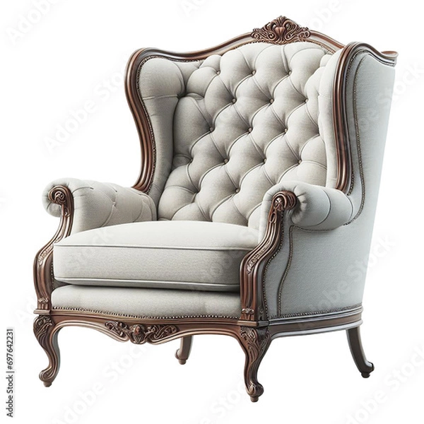 Fototapeta Side view of luxury premium comfortable big chair cream color chair soft fluffy cushion with transparent background