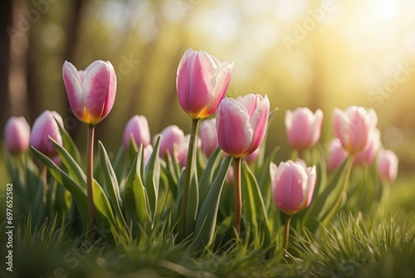 Fototapeta fantasy tulip spring flowers in the grass, blooming in a garden with a landscape meadow, natural spring background. Spring festive flower arrangement from a fresh colorful background. sunshine on marc