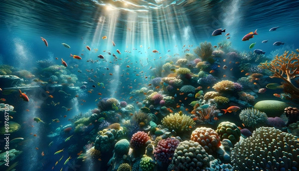 Fototapeta A vivid underwater scene, featuring a coral reef bustling with marine life, colorful fish, and sunbeams piercing through the water.