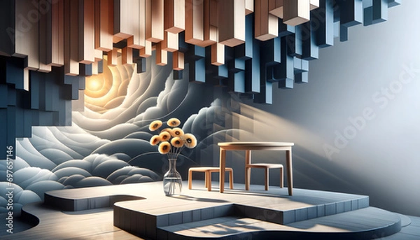 Fototapeta Photorealistic abstract scene, where everyday elements are transformed through shadows, reflections, and textures, creating an intriguing abstract composition