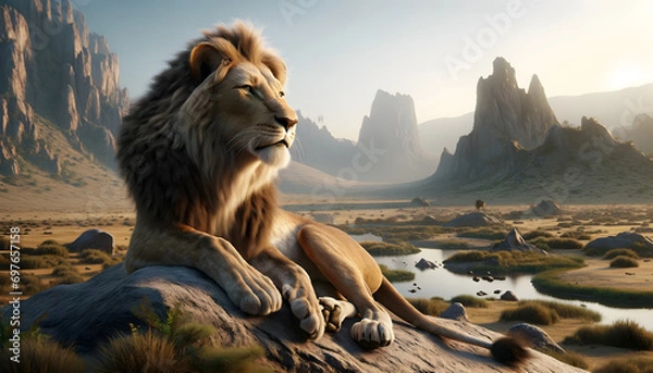 Fototapeta Lion in a relaxed yet engaging posture, like lounging with its head up, set in a rocky landscape with sparse bushes, highlighting its regal nature