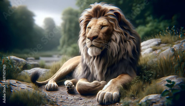 Fototapeta Relaxed lion in its natural habitat, lying down serenely, surrounded by elements like grass and trees, capturing the tranquil essence of wildlife