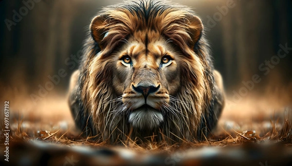 Fototapeta Majestic lion in sharp focus with a blurred background, emphasizing the telephoto lens effect, highlighting the lion's details and presence in its natural habitat
