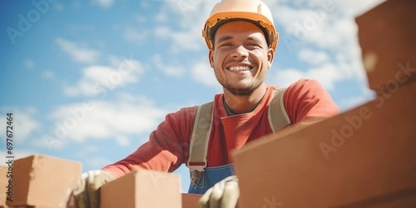 Fototapeta Bricklayer laying brick on cement mix on construction site close-up. Reduce the housing crisis by building more affordable houses concept