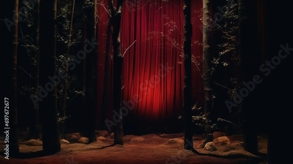 Fototapeta Theatre scene with red velvet curtain in the forest. In twin peaks style.