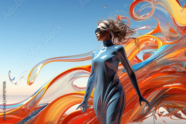 Fototapeta Young woman in a futuristic suit made of fluid, plastic, tight-fitting material, virtual reality, colored whirlwind, blue sky