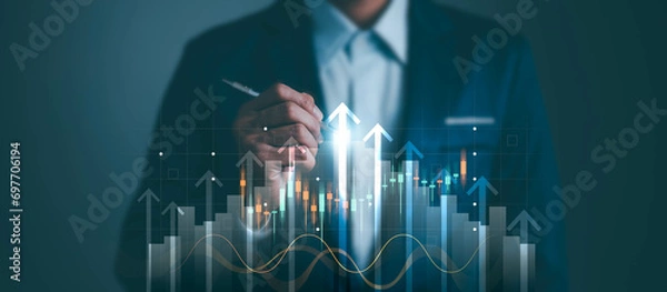 Fototapeta Business development to success and growth of banking and financial on global network. Financial graph. Stock market chart. Businessman pointing arrow graph corporate future growth plan.