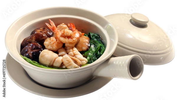 Obraz Seafood in thick gravy sauce with Prawns squid mushroom and Kale serve in clay pot Delicious Traditional Chinese Hong Kong Chinatown Style 