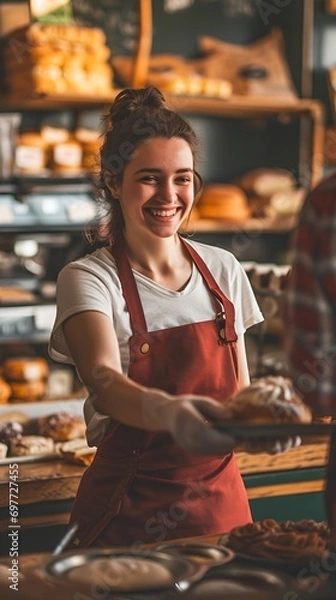 Obraz Smiling Female Baker Serving Customer in Retail Shop
