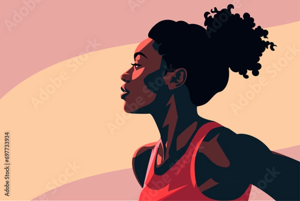 Obraz Minimal vector illustration of a young Black woman wearing athletic clothing in front of an abstract background.
