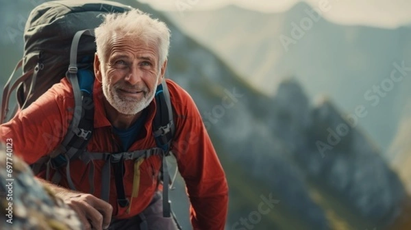 Obraz Portrait of senior man with backpack hiking in the mountains. Active seniors lifestyle