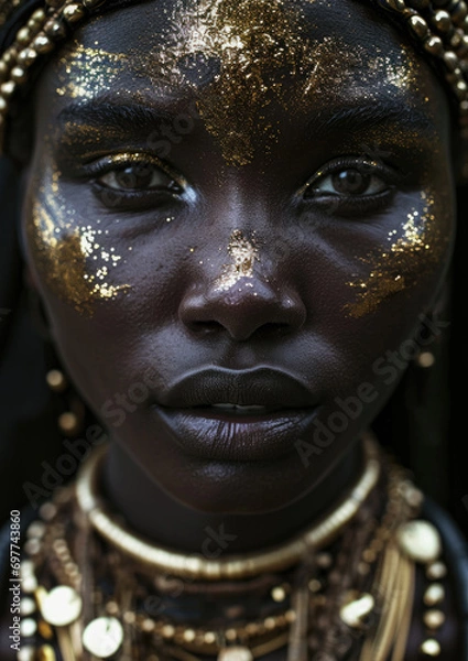 Obraz A Portrait of Beautiful Nubian Queen with Decorative Gold-Dark Background