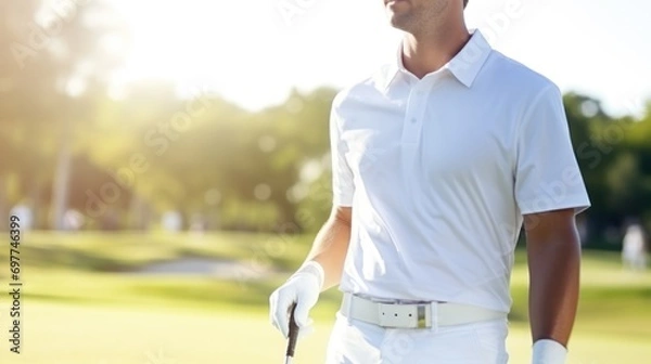 Obraz Golfer on a golf course. Golfer in a white shirt holding a golf club