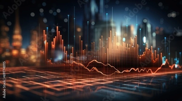 Fototapeta business, financial, finance, graph, investment, growth, stock, analysis, technology, chart. data finance analyzes profitability of working companies with digital augmented reality graphics via AI.