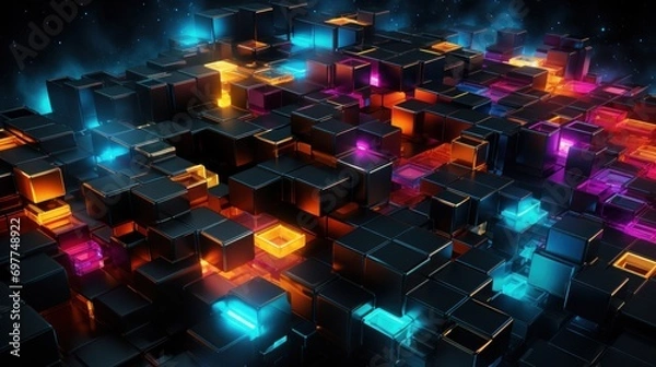 Fototapeta cyberspace, technology, datum, digital, communication, design, network, computer, future, futuristic. image of digital, wall with many pieces of blue and yellow light. 3D rendering illustration via AI