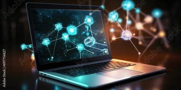 Fototapeta Businessman using laptop and touching icon banking on network connection. Digital marketing. Finance and banking networking. Online shopping and customer network, cyber security