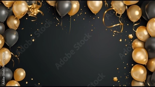 Obraz Black and silver balloons with gold confetti on black background