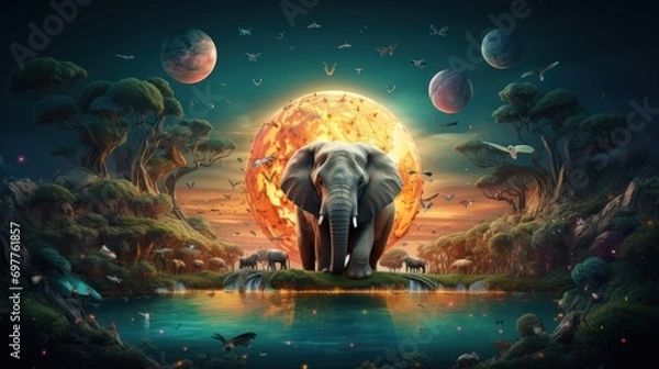 Fototapeta Fantasy landscape with an elephant on a background of the planet.