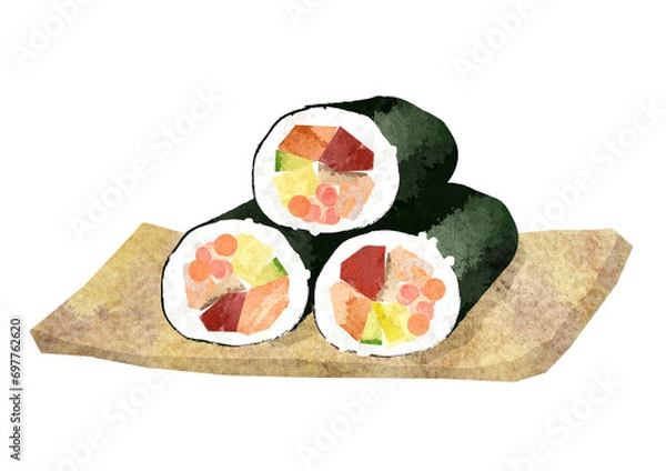 Obraz 水彩風の美味しそうな太巻き寿司　恵方巻