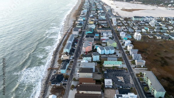 Obraz Aerial view of Carolina Beach, NC, with residential homes along the shoreline.