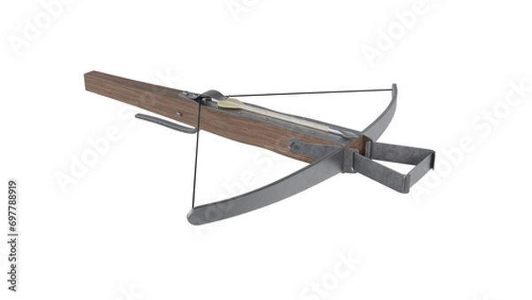 Fototapeta Medieval crossbow weapon with arrow isolated on transparent and white background. Weapon concept. 3D render
