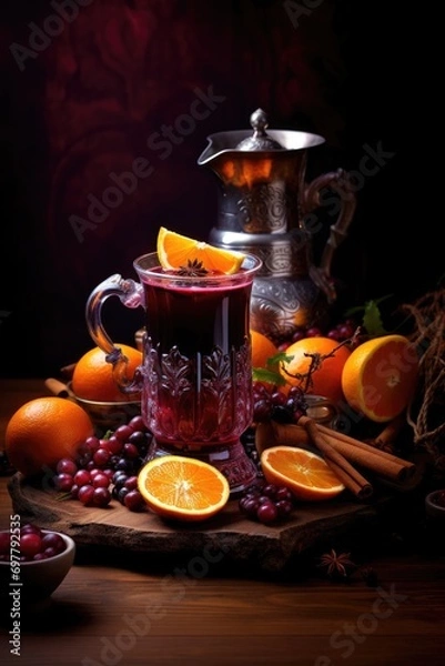 Fototapeta Aromatic hot mulled wine in glass cap with spices and citrus fruit on a table. Snow in evening. Concept of festive atmosphere and cozy winter mood. Traditional hot Christmas drink
