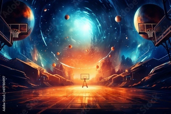 Obraz Basketball court with orange and blue colors in outer space, featuring stars, planets and vibrant Final Four theme. Exciting March Madness atmosphere. Generative AI