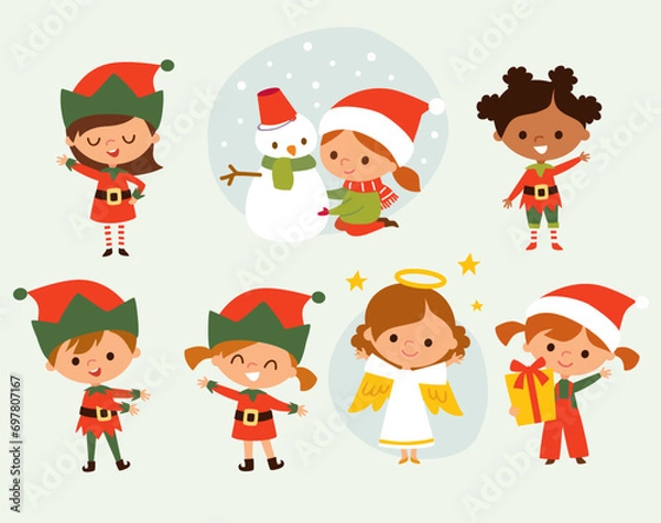 Fototapeta Vector set, group of xmas characters, santa's elfs, gremlins and elfins, symbols, heroes, personages, emblems.