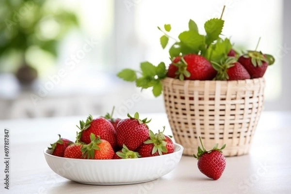 Fototapeta asparagus and strawberries in baskets on white background