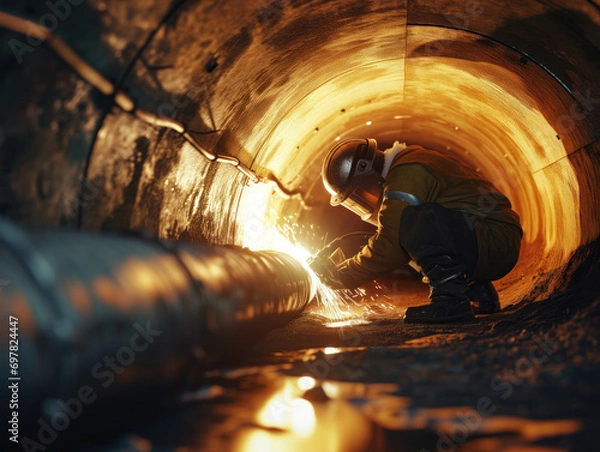 Fototapeta An image portraying a welder working inside a pipe for the construction of the NLG Natural Gas and Fuels Transport Pipeline, symbolizing clean and green power and energy in heavy industry.