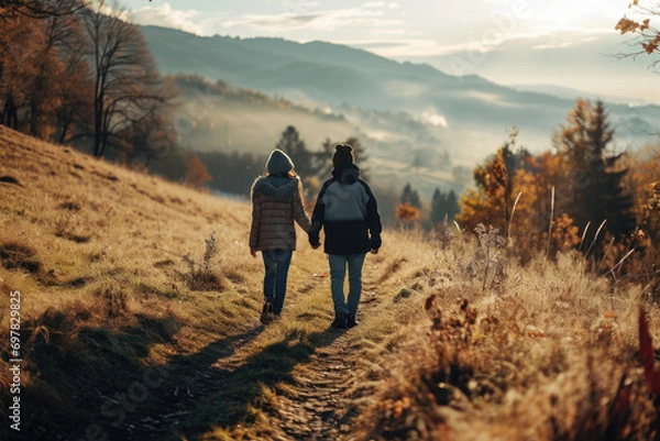 Obraz A picture capturing two people walking down a scenic path in the mountains. This image can be used to depict outdoor activities, adventure, and exploration
