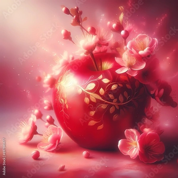 Fototapeta "A captivating red apple adorned with golden touches rests against a soft, pink backdrop. The formation of delicate pink blossoms and the gentle play of light around it exude an aura of enchantment an