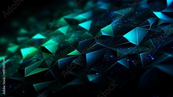 Fototapeta Black dark blue green teal cyan petrol jade abstract background. Geometric shape. 3d effect. Line triangle angle polygon wave. Color gradient. Light glow neon flash metal metallic. Design. Futuristic.