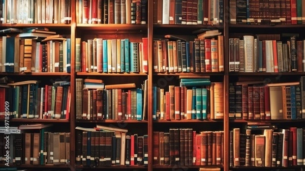 Fototapeta shelves in a library of a school full with books for reading and studying. wallpaper background. 16:9 Generative AI