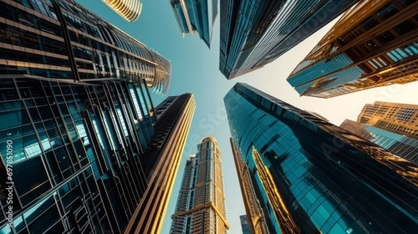 Obraz wallpaper background from bottom up perspective of modern office building skyscrapers in a modern city financial district. 16:9. Generative AI