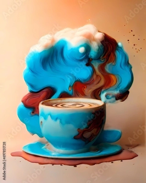 Fototapeta imagine an intriguing image showcasing the combination of artificial intelligence and coffee foam art. Steam rises from a coffee cup, transforming into beautiful and captivating shapes. These patterns