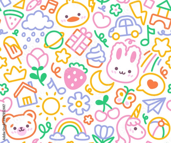 Fototapeta Funny childrens seamless pattern. Repeating doodle or scribble template with cute kid drawings. Design element for textile or wallpaper. Cartoon flat vector illustration isolated on white background