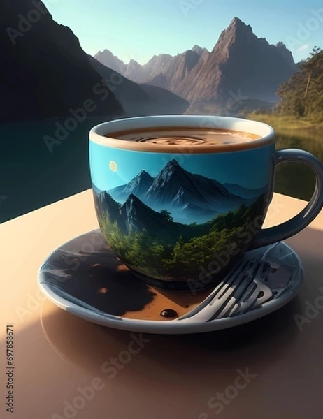 Fototapeta Crea una imagen abstracta de un tapiz de un paisaje emergiendo de una taza de café con el nombre "Alicia"3D Ultradetallado. Hiperrealistav