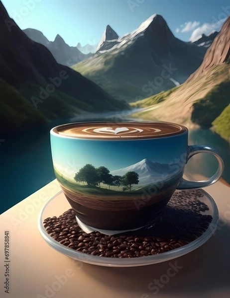 Fototapeta Crea una imagen abstracta de un tapiz de un paisaje emergiendo de una taza de café con el nombre "Alicia"3D Ultradetallado. Hiperrealistav