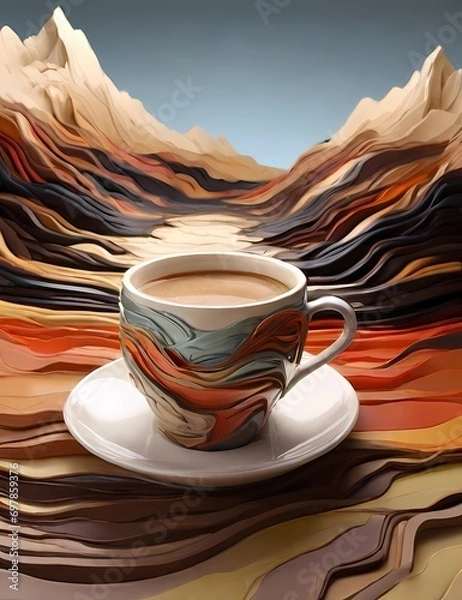 Fototapeta Crea una imagen abstracta de un tapiz de un paisaje emergiendo de una taza de café con el nombre "Alicia"3D Ultradetallado. Hiperrealistav