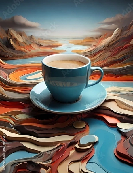 Fototapeta Crea una imagen abstracta de un tapiz de un paisaje emergiendo de una taza de café con el nombre "Alicia"3D Ultradetallado. Hiperrealistav