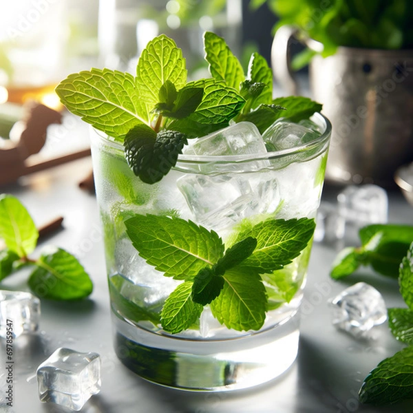 Fototapeta Close up of a mint julep served on the rocks