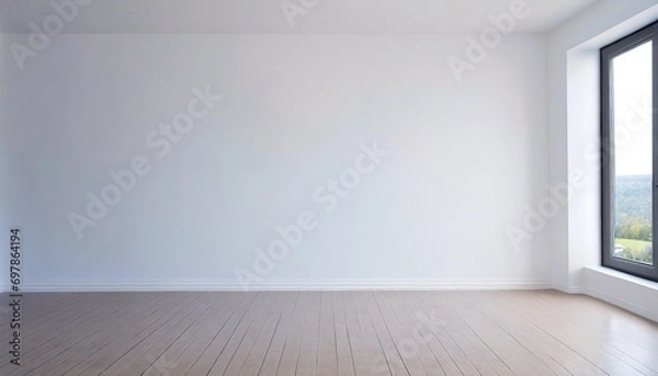 Obraz Empty modern / contemporary room with plain white wall and wooden floor, 16:9 widescreen wallpaper / background 