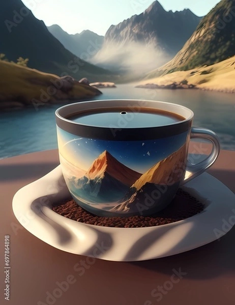 Fototapeta Crea una imagen abstracta de un tapiz de un paisaje emergiendo de una taza de café con el nombre "Alicia"3D Ultradetallado. Hiperrealistav