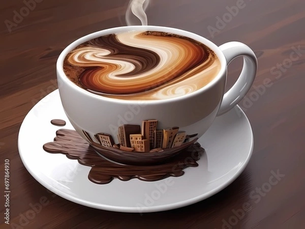 Fototapeta Crea una imagen abstracta de un tapiz de un paisaje emergiendo de una taza de café con el nombre "Alicia"3D Ultradetallado. Hiperrealistav
