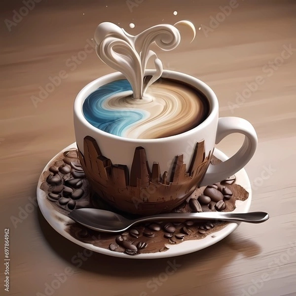 Fototapeta Crea una imagen abstracta de un tapiz de un paisaje emergiendo de una taza de café con el nombre "Alicia"3D Ultradetallado. Hiperrealistav